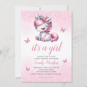 Invitation Whimsical Cute Watercolor unicorn fille baby showe
