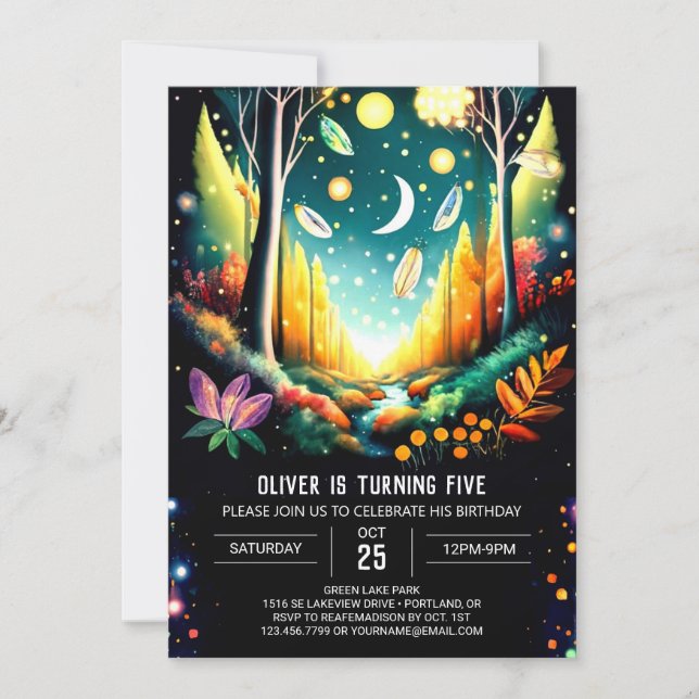 Invitation Whimsical Editable Fluciole Forêt Anniversaire (Devant)