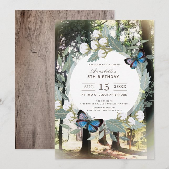 Invitation Whimsical Enchanted Forest Bleu papillon Anniversa (Devant / Derrière)