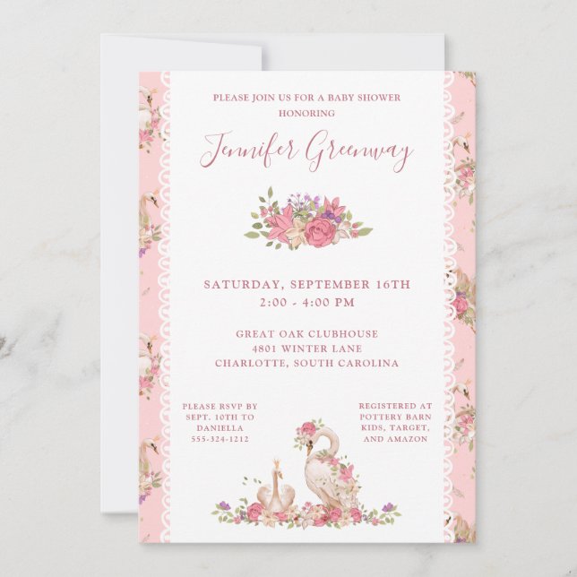 Invitation Whimsical Fairy Tale Swan Baby Girl Douche (Devant)
