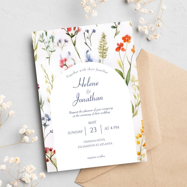 Invitation Whimsical Fleur sauvage Aquarelle Mariage élégant (Whimsical Wildflowers Watercolor Elegant Wedding Invitation)
