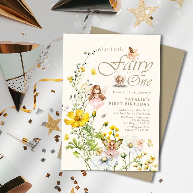 Invitation Whimsical Fleur sauvage Fée magique Premier annive (Whimsical Wildflower Magical Fairy First Birthday Invitation)