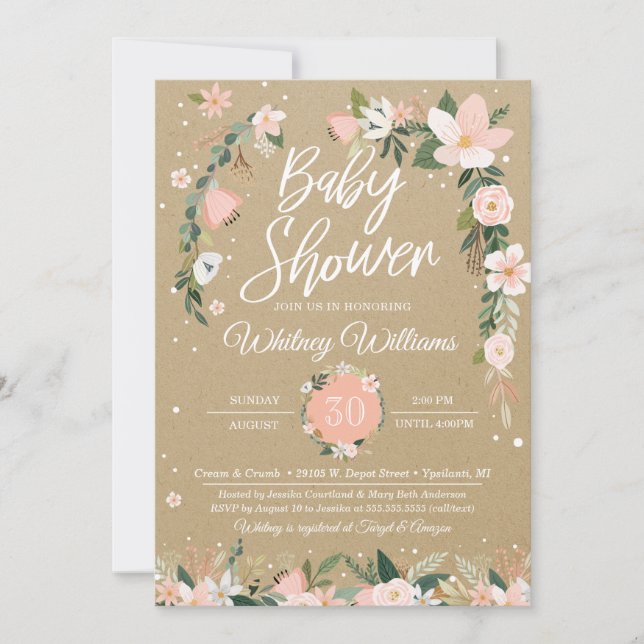 Invitation Whimsical Floral Blush & White Girl Baby shower (Devant)