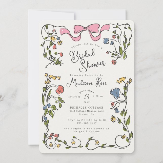 Invitation Whimsical Floral Doodle Bridal Shower Invite (Devant)
