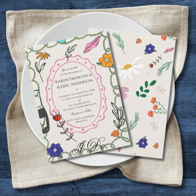 Invitation Whimsical Floral Folk Art Wedding Hand Drawn  (Créateur téléchargé)