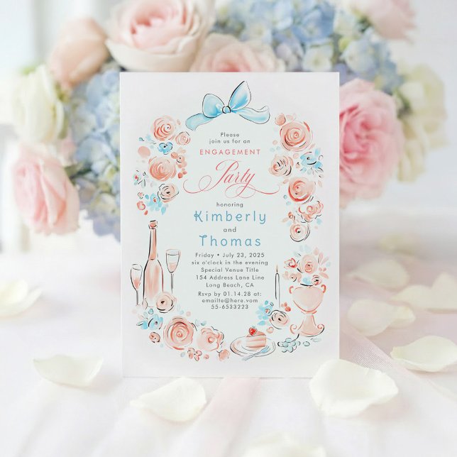 Invitation Whimsical Floral Hand Drawn Bow Engagement Party (Dusty Blue and Pink Whimsical Floral Engagement Party Invitations)