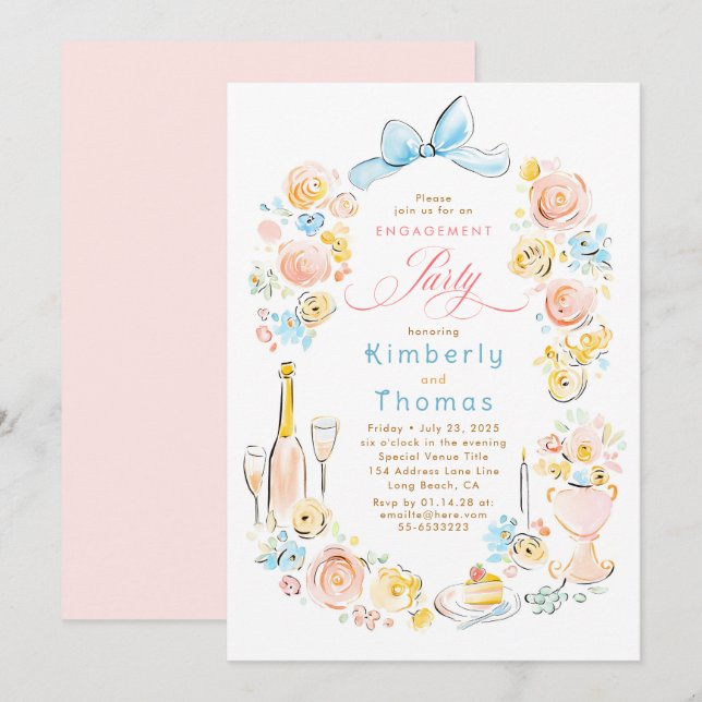 Invitation Whimsical Floral Hand Drawn Bow Engagement Party (Devant / Derrière)