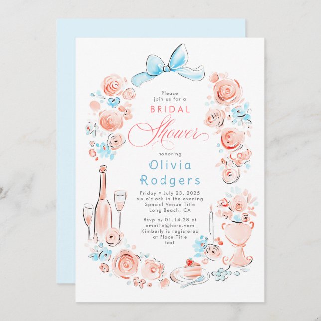 Invitation Whimsical Floral Hand Drawn Chic Bow Bridal Shower (Devant / Derrière)