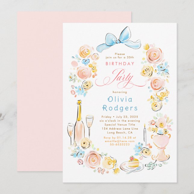Invitation Whimsical Floral Hand Drawn Coquette Bow Birthday (Devant / Derrière)