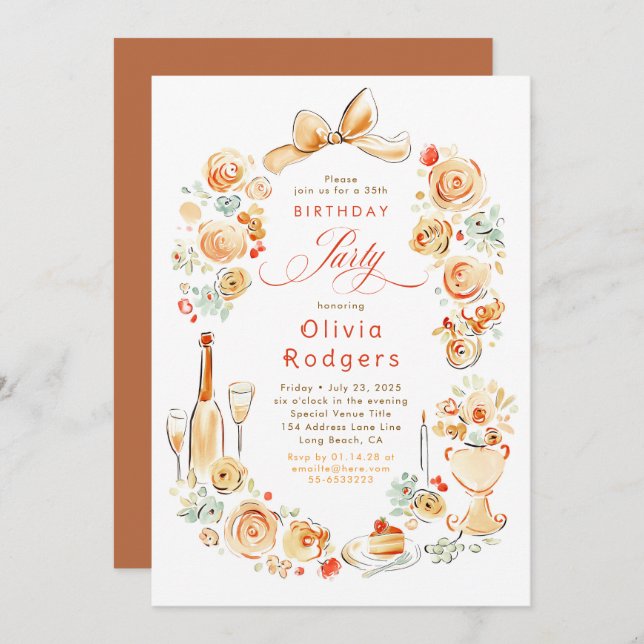 Invitation Whimsical Floral Hand Drawn Coquette Fall Birthday (Devant / Derrière)