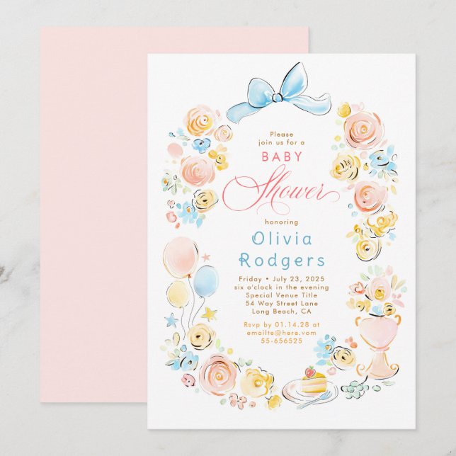 Invitation Whimsical Floral Hand Drawn Cute Bow Baby Shower (Devant / Derrière)