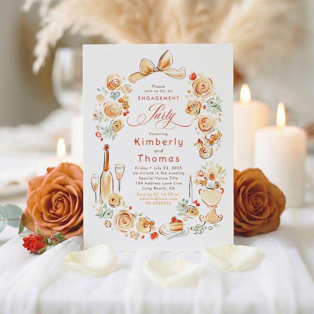 Invitation Whimsical Floral Hand Drawn Fall Engagement Party (Terracotta Chic Hand-illustrated Fall Engagement Party Invitations)
