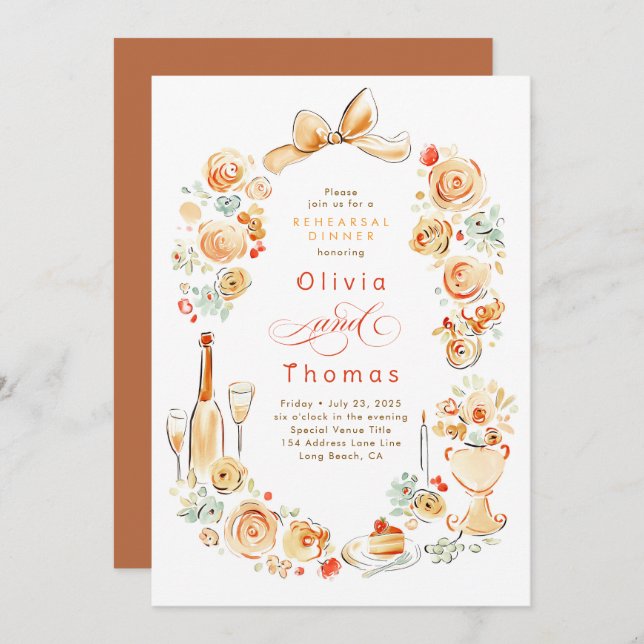 Invitation Whimsical Floral Hand Drawn Fall Rehearsal Dinner (Devant / Derrière)