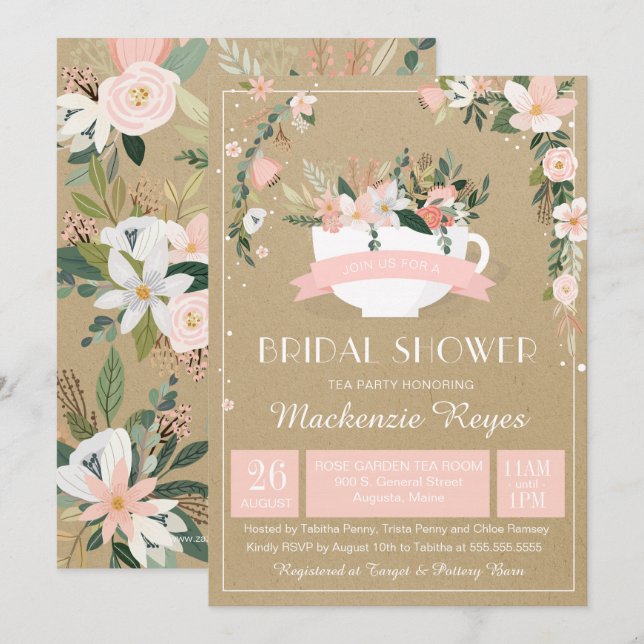 Invitation Whimsical Floral Teacup Fête des mariées (Devant / Derrière)