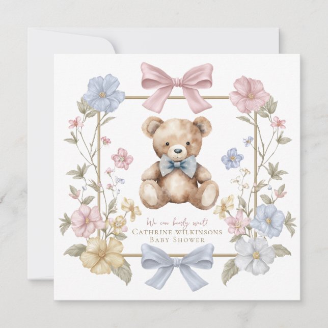 Invitation Whimsical Floral Teddy Bear Baby Shower QR code  (Devant)