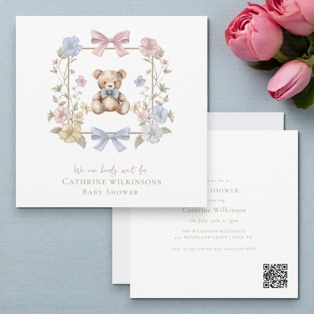 Invitation Whimsical Floral Teddy Bear Baby Shower QR code (Créateur téléchargé)