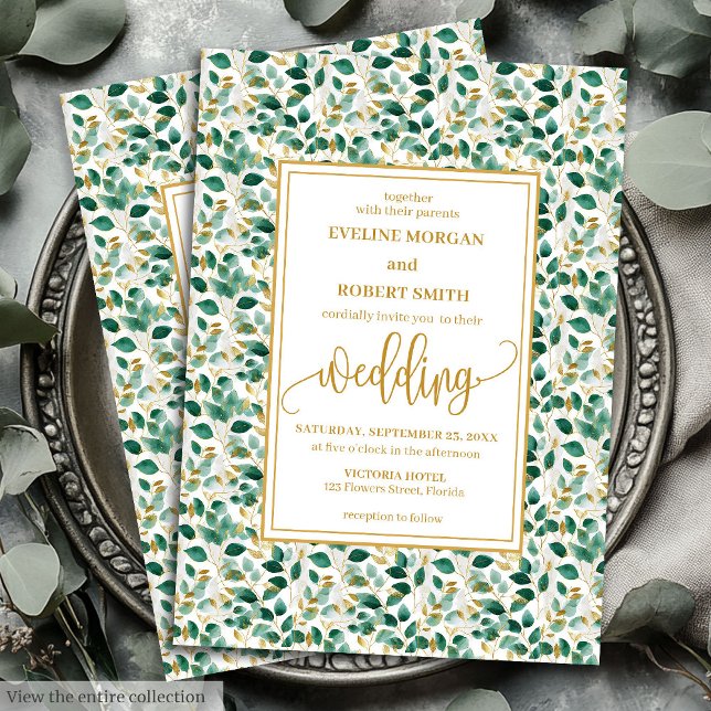 Invitation Whimsical Forest Green Gold Feuilles de mariage In (Whimsical Forest Green Gold Leaves Wedding Invitation)