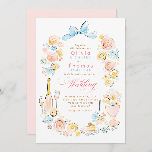 Invitation Whimsical French Floral Hand Drawn Wedding (Devant / Derrière)