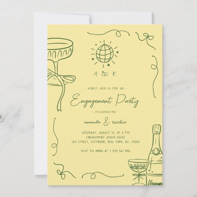 Invitation Whimsical French Fun Hand Drawn Engagement Party (Devant)