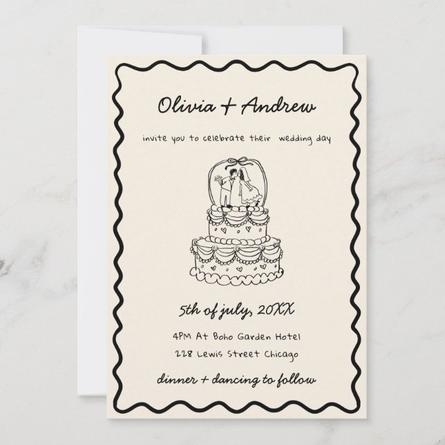 Invitation Whimsical Funky Main tiré Mariage de gâteau photo (Devant)