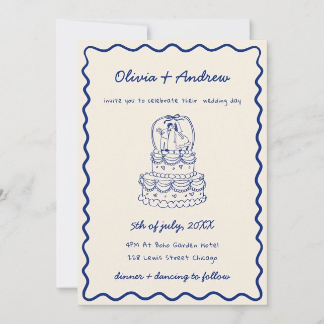 Invitation Whimsical Funky Main tiré Mariage de gâteau photo (Devant)