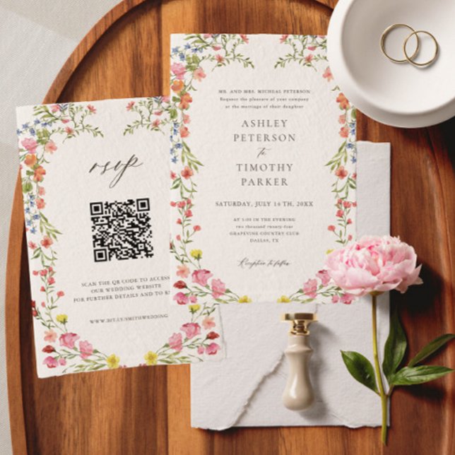Invitation Whimsical Garden Fleur sauvage Mariage QR Code (Créateur téléchargé)