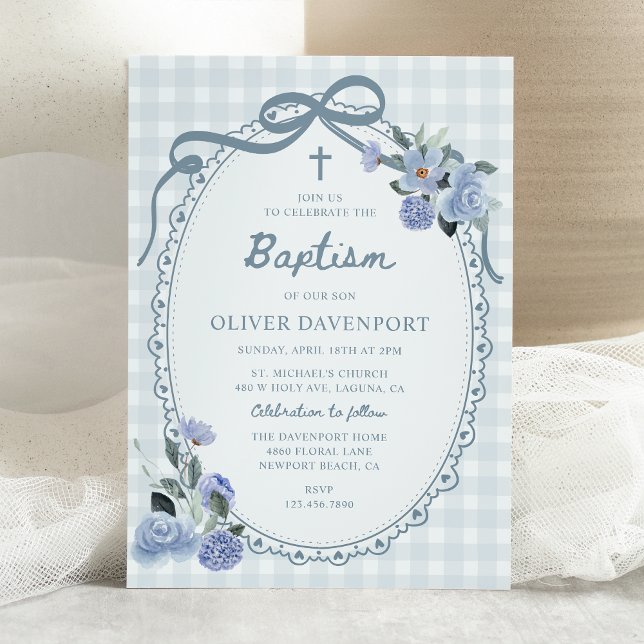 Invitation Whimsical Gingham Dusty Blue Floral Boy Baptism (Créateur téléchargé)