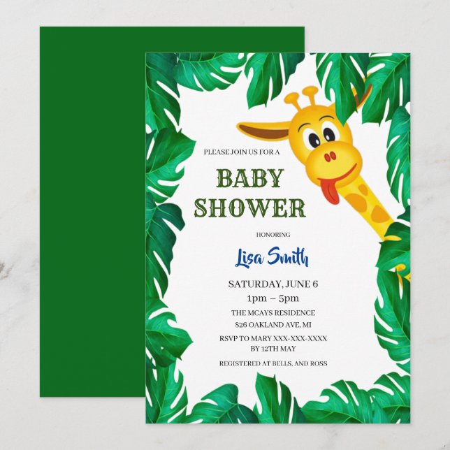 Invitation Whimsical Giraffe Baby shower Safari (Devant / Derrière)