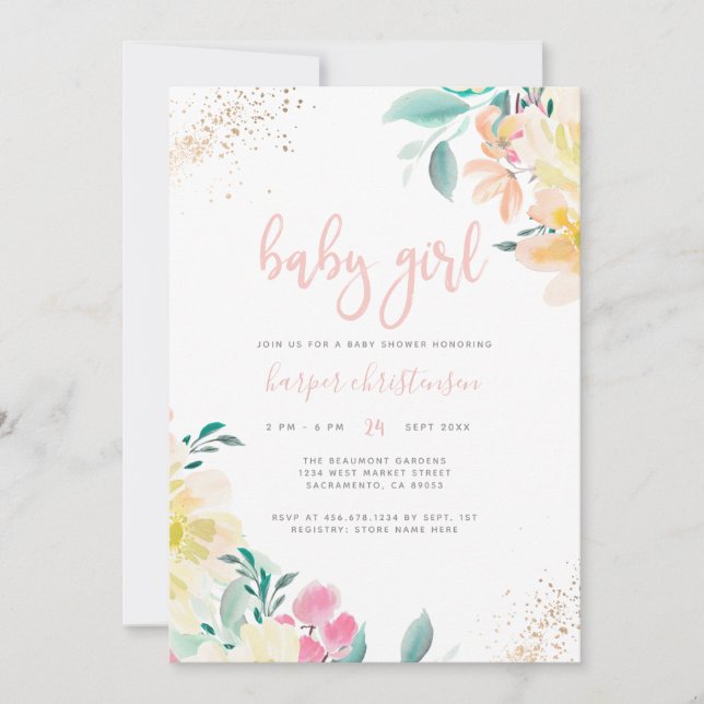Invitation Whimsical Gold Blush rose Floral Baby shower fille (Devant)