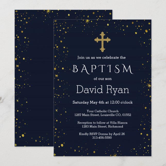 Invitation Whimsical Gold Starry Night Boy Baptême (Devant / Derrière)