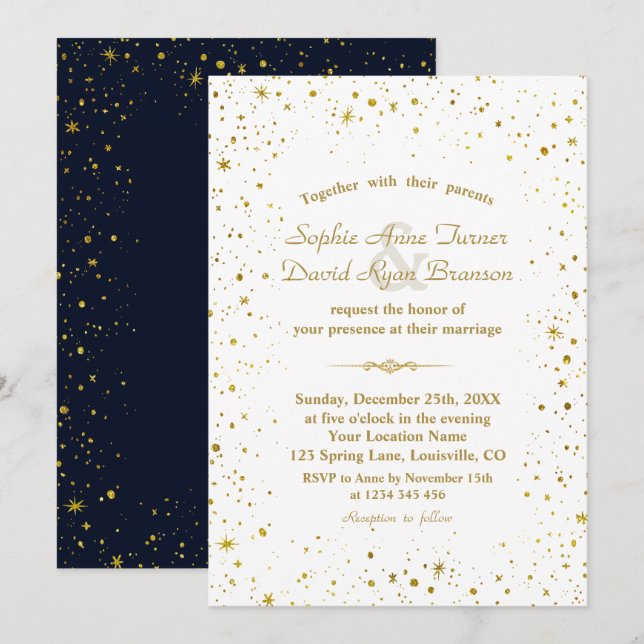 Invitation Whimsical Gold Starry Night Mariage bleu marine (Devant / Derrière)