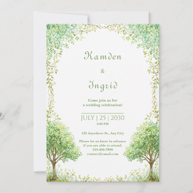Invitation Whimsical Green Watercolor Tree Arch Wedding (Devant)