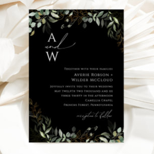 Invitation Whimsical Greenery Mariage Monogramme noir et or