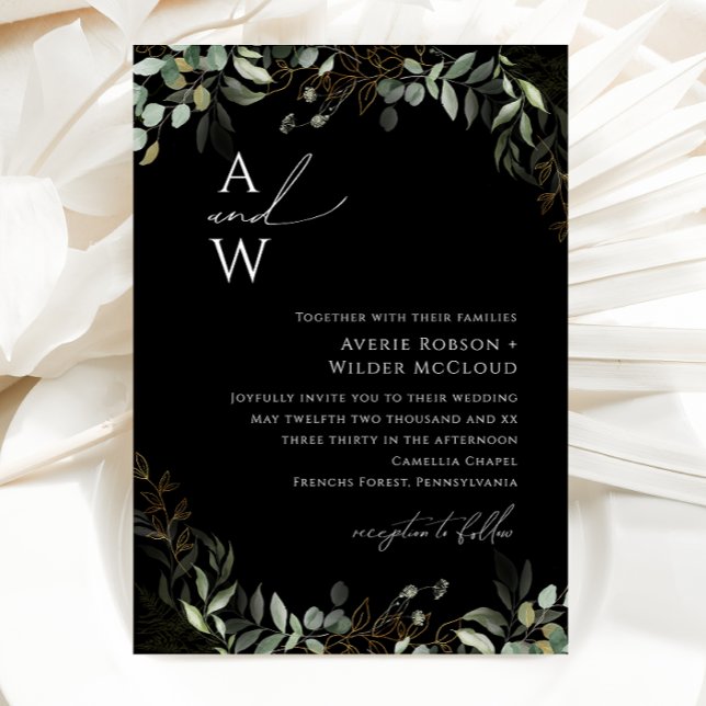 Invitation Whimsical Greenery Mariage Monogramme noir et or (Créateur téléchargé)