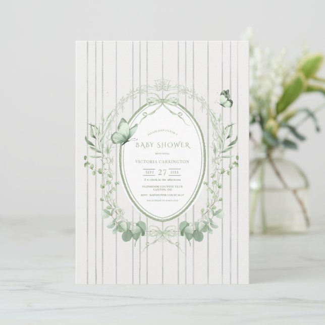 Invitation Whimsical Greenery Vintage Baby Shower (Debout devant)