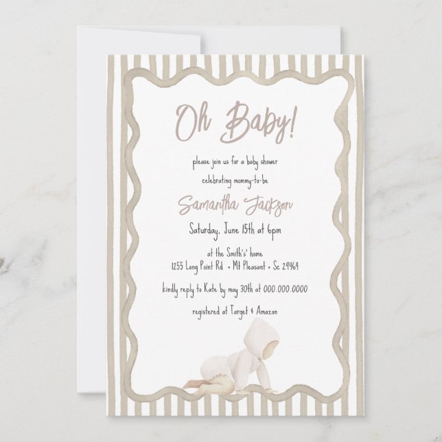 Invitation Whimsical Hand Drawn Beige Neutral Baby Shower (Devant)