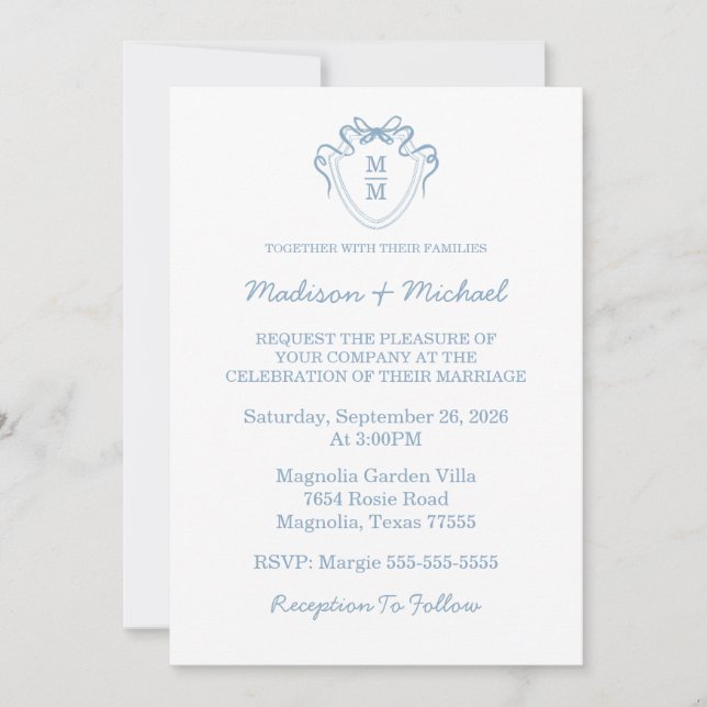Invitation Whimsical Hand Drawn Blue Illustrated Wedding (Devant)
