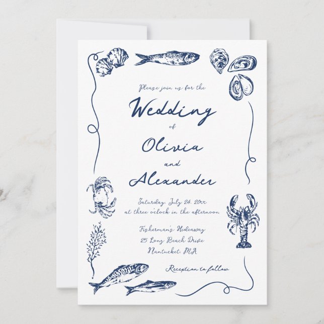 Invitation Whimsical Hand Drawn Coastal Navy Blue Wedding (Devant)