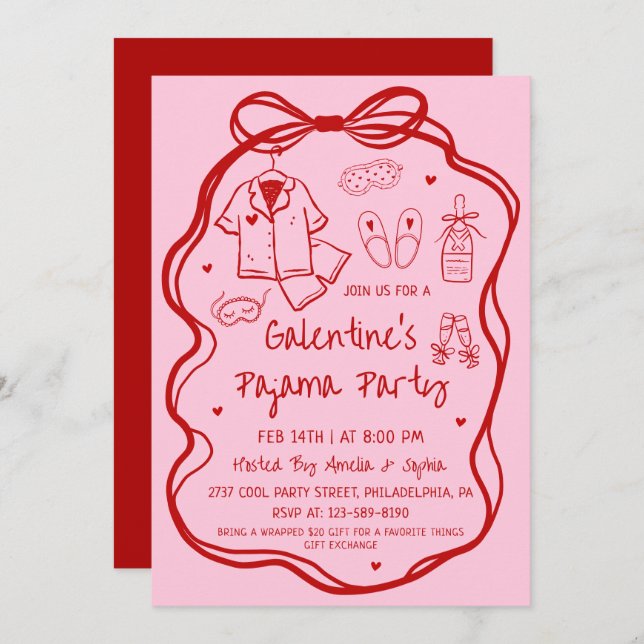 Invitation Whimsical Hand Drawn Galentine's Pajama Party  (Devant / Derrière)