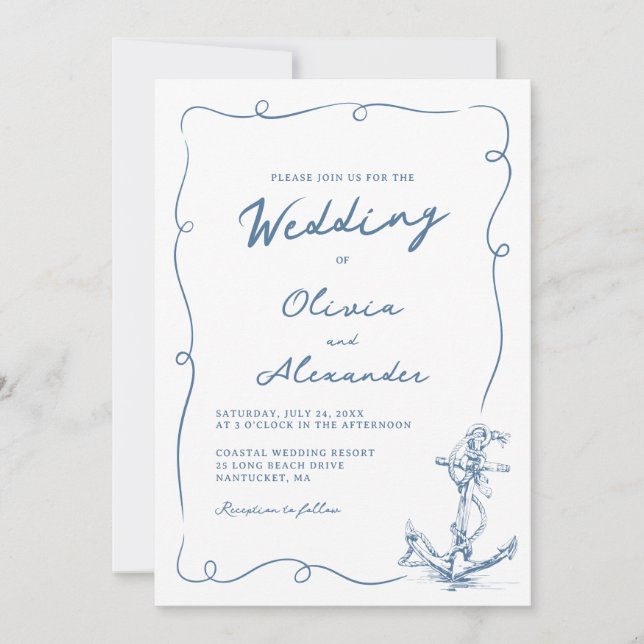 Invitation Whimsical Hand Drawn Nautical Anchor Wedding  (Devant)