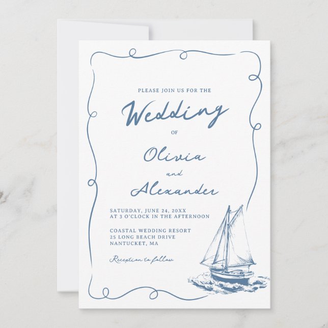 Invitation Whimsical Hand Drawn Nautical Sailboat Wedding (Devant)