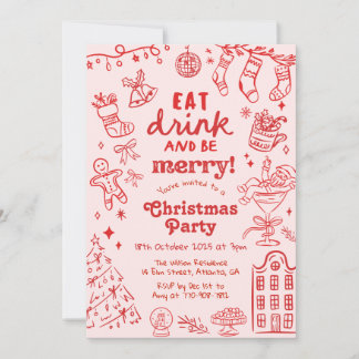 Invitation Whimsical Hand Drawn Red and Pink Christmas Party