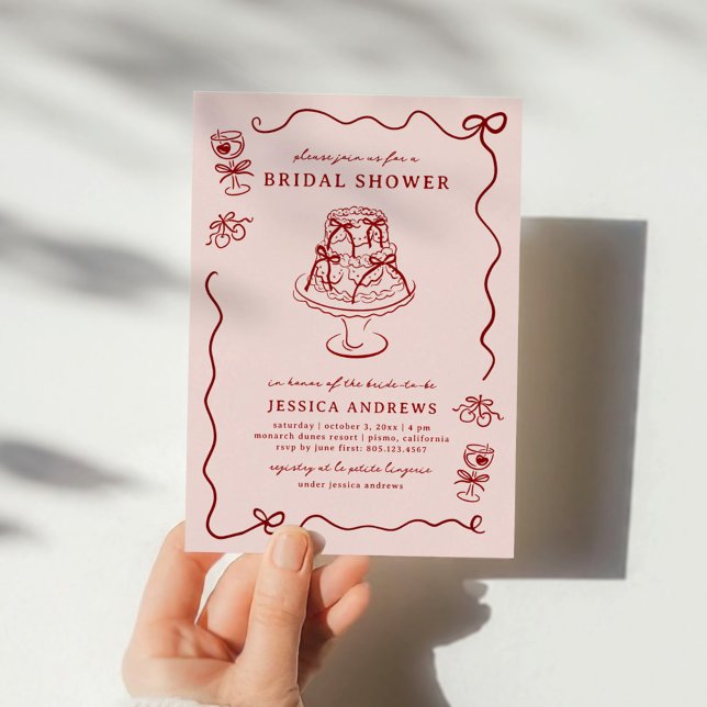 Invitation Whimsical Hand Drawn Red Cherries & Bows (Créateur téléchargé)