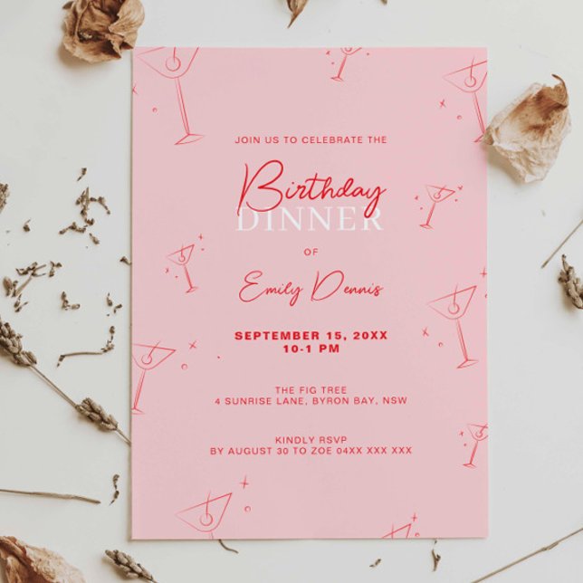 Invitation Whimsical Handdraw martini Dîner d'anniversaire (Créateur téléchargé)