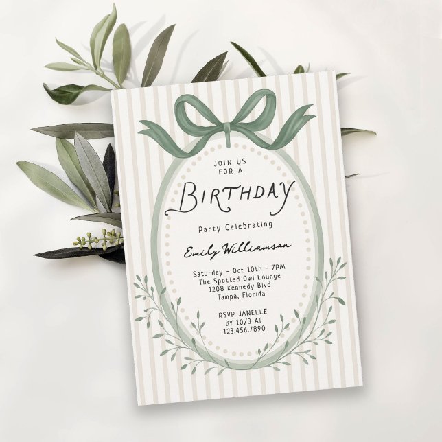 Invitation Whimsical Handdrawn Stripes Bow Frame Birthday (Available in both printed and instant download digital formats.)