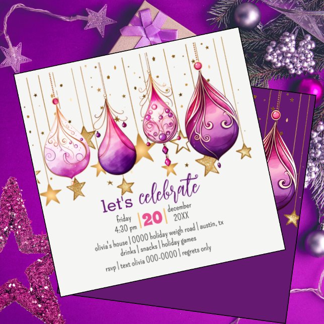 Invitation Whimsical Holiday Baubles Party (Whimsical Christmas baubles on this fully customizable cute holiday party invitation)