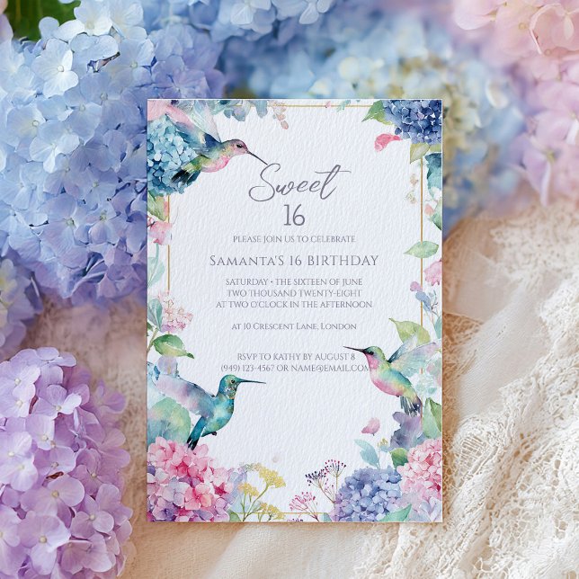 Invitation Whimsical Hummingbirds with Hydrangeas Sweet 16 (Créateur téléchargé)