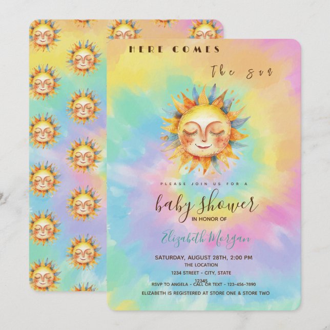 Invitation Whimsical Ici Vient Le Baby shower Sun Tie Dye (Devant / Derrière)