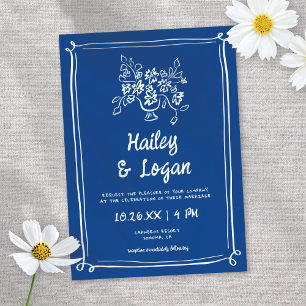 Invitation Whimsical Illustrated Blue Main-dessiné Mariage am