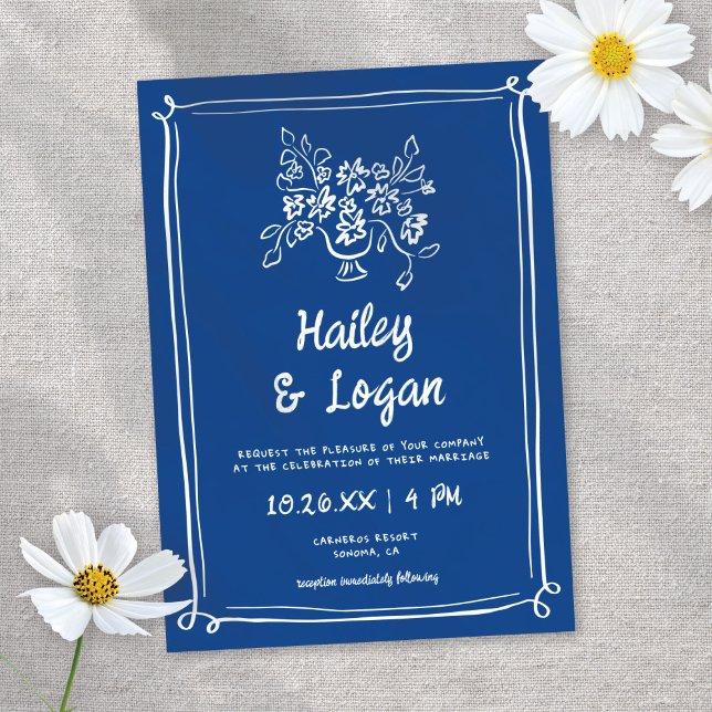 Invitation Whimsical Illustrated Blue Main-dessiné Mariage am (Créateur téléchargé)